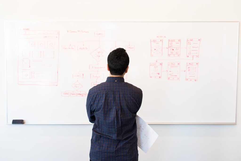 pexels-photo-1181345 Man analyzing design flowchart on whiteboard in a professional office setting.